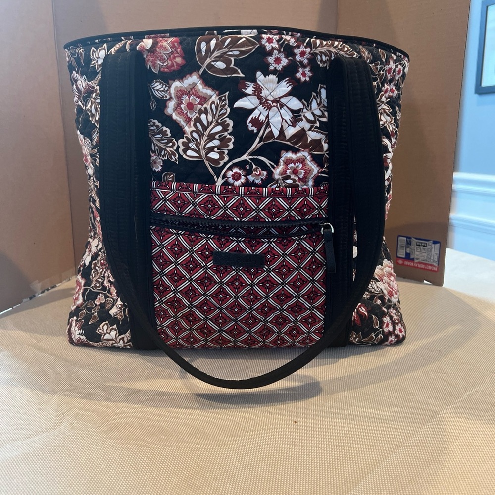 Vera Bradley Tote Bag. Black background with brown and red design.